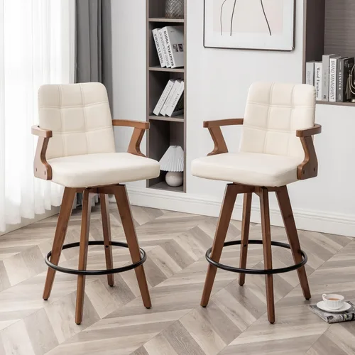 Vista 18 de MEKLIBA Taburetes de bar de 26” de altura de mostrador, Silla de bar tapizada en cuero, Taburetes giratorios con respaldo y brazos, Juego moderno
