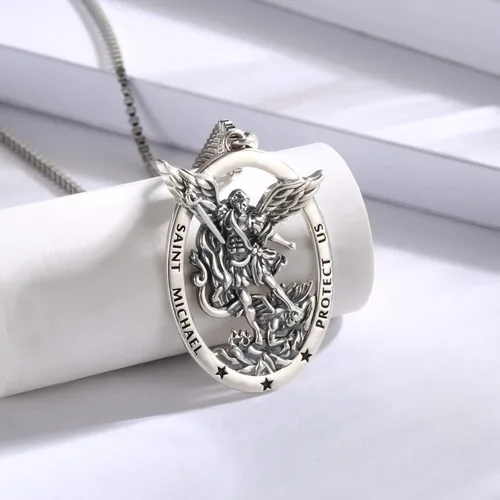 Vista 4 de Sterling Silver Saint Christopher Micheal Virgin Mary Necklace Women Men Medal Oval-Shaped Pendant Amulet Jewelry Gift for Teen Travelers