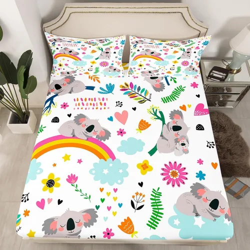 Vista 14 de Erosebridal Sábanas de Cama para Niños de Gato Lindo Tamaño Twin Línea de Arcoíris Neón Sábana Ajustable de Gato con Bolsillo Profundo para Niñas