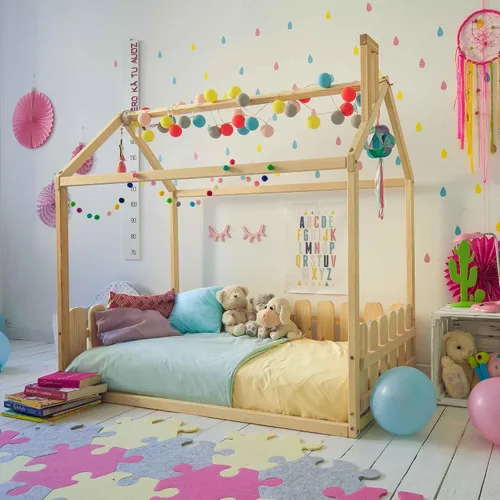 Vista 6 de Cama Montessori para niños pequeños con rieles, cama Montessori con rieles de protección, cama de piso Montessori, cama para niños pequeños, cama