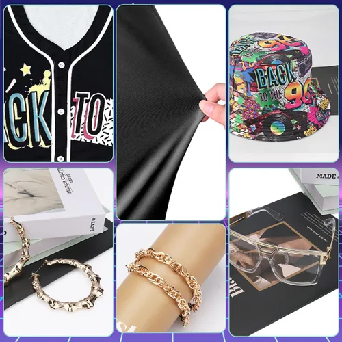 Vista 3 de Traje de los años 80 y 90 para mujer, disfraz unisex de hip hop, camiseta de béisbol, pantalones de yoga, sombrero de pescador, cadena dorada
