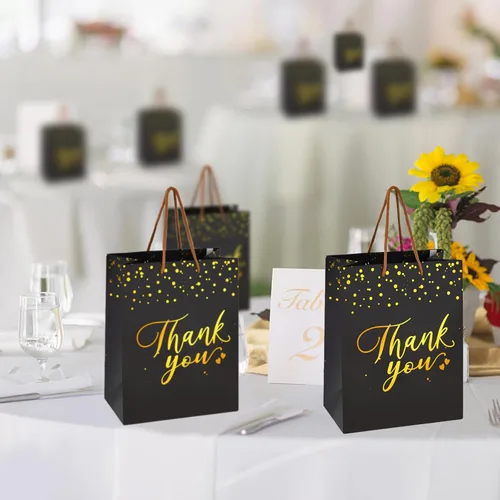 Vista 5 de COGLARING Thank You, 20 bolsas de regalo medianas de 10 x 8 x 4.8 pulgadas, bolsas de regalo de papel negro y dorado con asas para bodas, despedidas