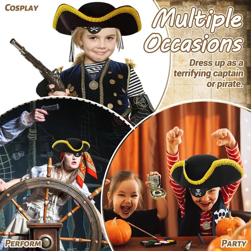 Vista 5 de Zddaoole 4PCS Pirate Hat,Renaissance Pirate Tricorn Hat with Eye Patch & Necklaces for Halloween Cosplay