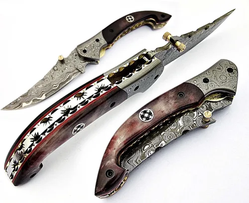 Vista 2 de FZ 01 Cuchillo de bolsillo de Damasco hecho a mano para hombres Cuchillo plegable con bloqueo de forro Cuchillo de bushcraft para pesca Camping