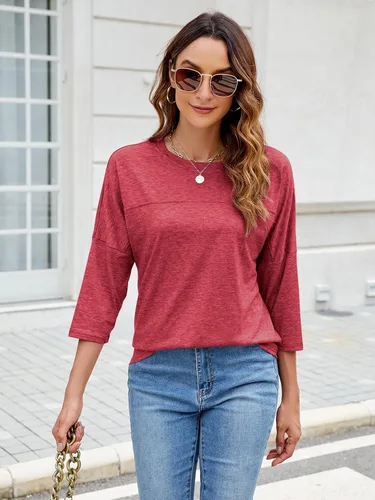 Vista 90 de ZENNILO Camisetas casuales de manga 3/4 para mujer, holgadas, cuello redondo, lindas camisetas básicas