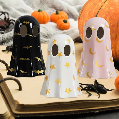 Vista 7 de DAZONGE Decoración de Halloween para interiores, juego de 3 fantasmas de cerámica con sombreros de bruja, bonitas figuras de fantasmas espeluznantes