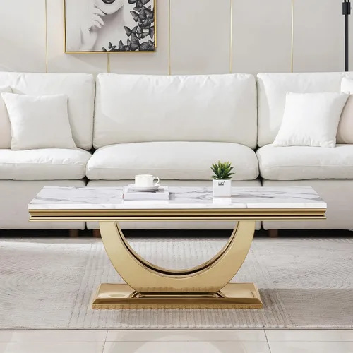 Vista 42 de SSLine Moderna mesa de centro de 1 pieza para sala de estar, mesa de centro de lujo de mármol sintético con patas de acero inoxidable en forma de S