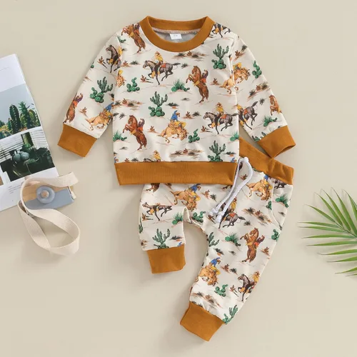 Vista 7 de SHUING Ropa occidental para bebé, sudadera con estampado de vaca, sudadera de manga larga sin botones, pantalones deportivos de vaquero para otoño e