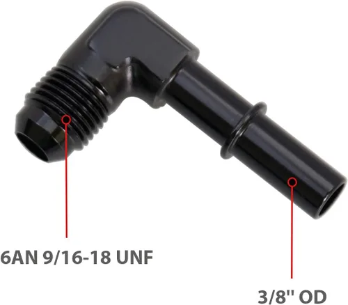 Vista 2 de KRD PERFORAMANCE 3/8 SAE Conexión rápida a 6AN Macho Push On EFI Manguera de línea de combustible de 90 grados Adaptador de montaje Conector