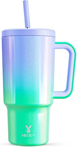 Vista 23 de Meoky - Vaso de 30 oz con asa, tapa y pajilla, taza de viaje térmica de acero inoxidable 100% a prueba de fugas, para portavasos, mantiene el frío
