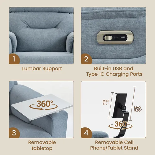 Vista 5 de Silla reclinable giratoria eléctrica con reposacabezas y lumbar ajustables, mecedoras eléctricas para cuarto de bebé con espacio de almacenamiento