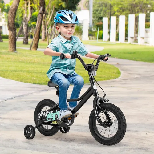 Vista 7 de BABY JOY Bicicleta para niños, 12, 14, 16, 18 pulgadas, bicicleta deportiva con ruedas de entrenamiento extraíbles, frenos de mano y posavasos