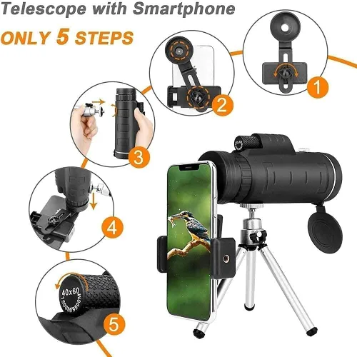 Vista 5 de High Definition Monocular Telescope and Quick Smartphone Holder - 60x40 Waterproof Monocular -BAK4 Prism for Wildl