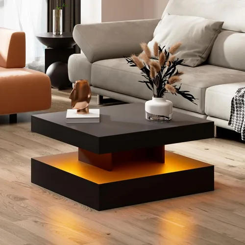 Vista 11 de HedoAjim Mesa de centro LED negra para sala de estar, mesa de sala de estar, mesas centrales cuadradas de 2 niveles, mesas de centro de madera