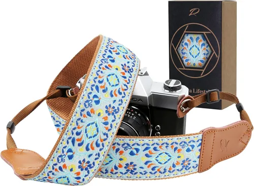 Vista 14 de Padwa Lifestyle Helios Moon God - Correa para cámara de 2 pulgadas, doble capa, extremos de piel vacuna, correas de cámara para fotógrafos, tejido