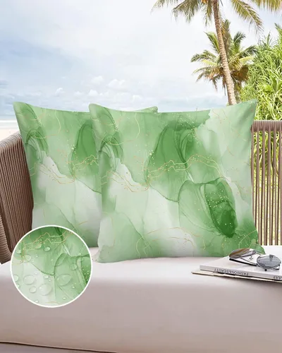 Vista 6 de Juego de 2 fundas de almohada impermeables con textura de mármol verde hierba, línea dorada, superposición, degradado, fundas de almohada para sofá