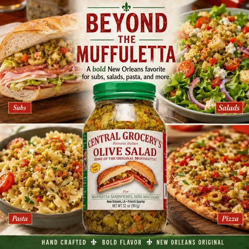 Vista 4 de Central Grocery - Ensalada de aceitunas de 32 onzas, paquete de 2, auténtica ensalada de oliva italiana de Nueva Orleans, sándwich original