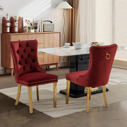 Vista 126 de SoarFlash Juego de 2 sillas de comedor de terciopelo, silla lateral de respaldo alto, silla lateral moderna tapizada de alta gama con botones Beige
