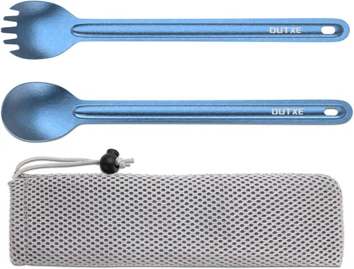 Vista 7 de OUTXE Spork y Cuchara de Mango Largo de Titanio, Juego de Camping de 8.7 Pulgadas