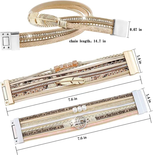 Vista 6 de Leather Wrap Bracelet Set 3Pack Wrist Cuff Bracelet for Women Multilayer Magnetic Clasp Bracelet Feather Tree Bead Crystal Bracelet