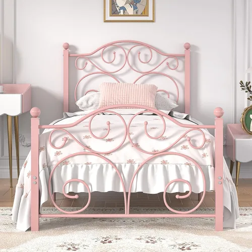 Vista 17 de VECELO Base de cama con dosel de metal, tamaño individual, base de colchón con plataforma de 4 pósteres con cabecero, soporte de listones de acero