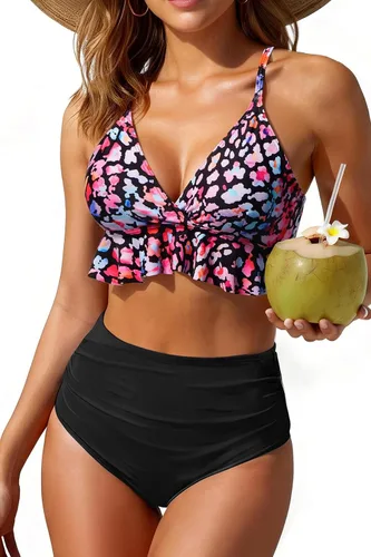 Vista 16 de Tempt Me - Traje de baño de dos piezas para mujer, bikini de cintura alta con volantes y control de abdomen Rojo neón