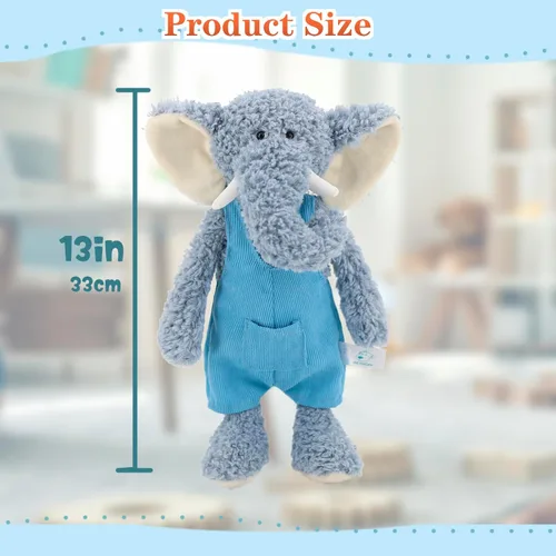 Vista 4 de Elefantes de peluche suaves azules de 13" para niños y niñas, Elefantes de peluche tejidos y vestidos para bebés recién nacidos y niños, Grandes