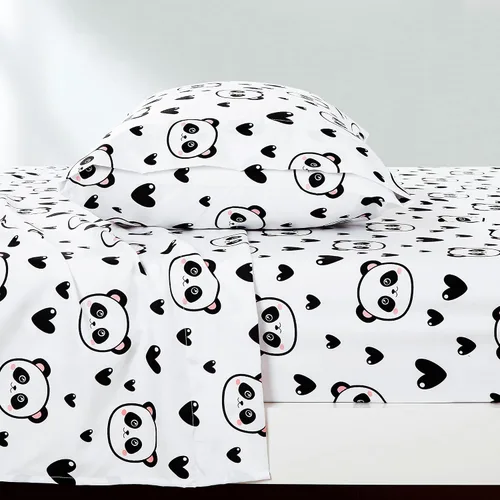 Vista 4 de Chezmoi Collection Juego de sábanas de 3 piezas para niños y adolescentes, microfibra suave, color blanco y negro, estampado de corazones de panda