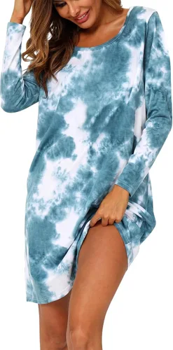 Vista 13 de ENJOYNIGHT Ropa de dormir de algodón para mujer, camisón de manga larga con estampado de camiseta para dormir ABC