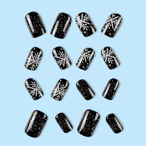 Vista 2 de Uñas postizas a presión con copos de nieve, uñas postizas cuadradas cortas de Navidad, uñas acrílicas negras con purpurina, kit de uñas postizas