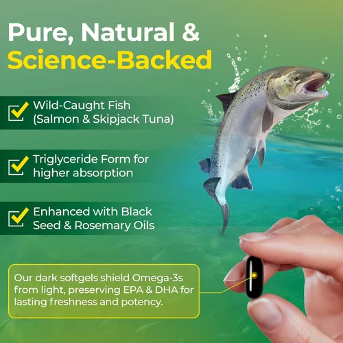 Vista 3 de Suplemento de aceite de pescado Omega 3 (90 unidades) Aceite de pescado omega3 capturado en la naturaleza, alto EPA DHA, rico en ácidos grasos