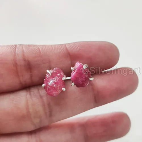 Vista 5 de AAA Rough Ruby Stud Earring, Natural Ruby Earring, July Birthstone, Womens Earring, 925 Sterling Silver, Christmas, Thanksgiving, Mens Studs