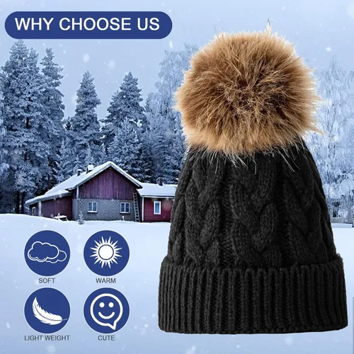 Vista 3 de PLIOPYIK Gorro de invierno para bebé gorro de punto cálido con pompones para niñas pequeñas y niños de 0 a 24 meses