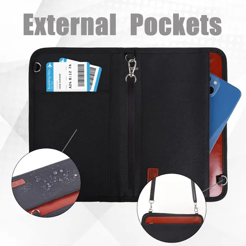 Vista 3 de Cartera para pasaporte, organizador de documentos de viaje con cremallera, bloqueo RFID, múltiples soportes para pasaportes, Negro, 6 passports