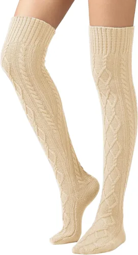 Vista 20 de SherryDC Calcetines de punto trenzado hasta el muslo para mujer, medias de bota extra largas de invierno, calentadores de piernas 1 - Blanco