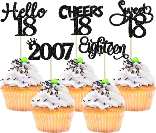 Vista 11 de Gyufise Paquete de 24 adornos negros para cupcakes de 10.º cumpleaños con purpurina negra 10 Ten Hello 10 Dights dobles desde 2015 para decoraciones