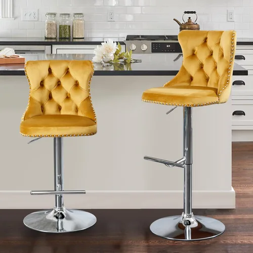 Vista 107 de SoarFlash Juego de 2 taburetes de bar tapizados de terciopelo moderno con patas de madera, botones acolchados, cabeza de clavo cromada, asiento
