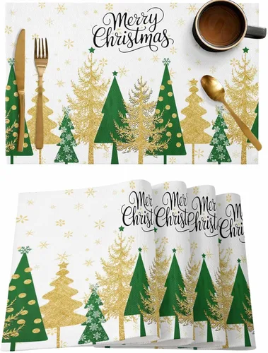 Vista 11 de Juego de 6 manteles individuales de bolas de Navidad para mesa de comedor, paño de lino de algodón para mesa cuadrada/rectangular/redonda
