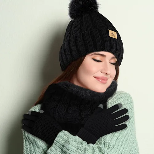 Vista 7 de Winter Beanie Hat Scarf Gloves Set, Soft Fleece Knit Hat Warm Touchscreen Gloves Neck Warmer Thick Scarves Gifts for Women