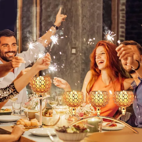 Vista 7 de Juego de 2 portavelas de cristal dorado con base de alta resistencia, portavelas con luces de té brillantes, decoración de mesa de comedor, centro
