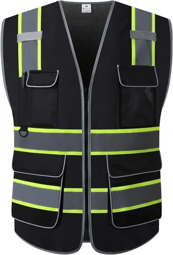 Vista 10 de Chaleco de seguridad reflectante para agrimensores para hombres, chaleco de seguridad de malla reflectante de clase 2 con bolsillos y cremallera