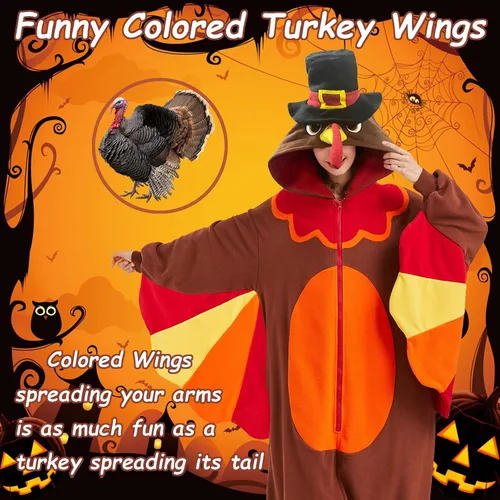 Vista 3 de MORNINGFLY Disfraz de pavo para adultos, disfraz de Acción de Gracias, Halloween, cosplay, pijama de una pieza para mujeres y hombres