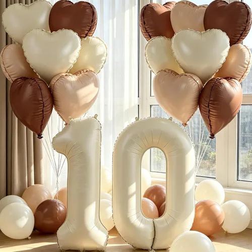 Vista 5 de Globos de 40 pulgadas color crema número 10, 17 piezas de globos de helio grandes con globos de corazón neutros crema nude caramelo beige marrón