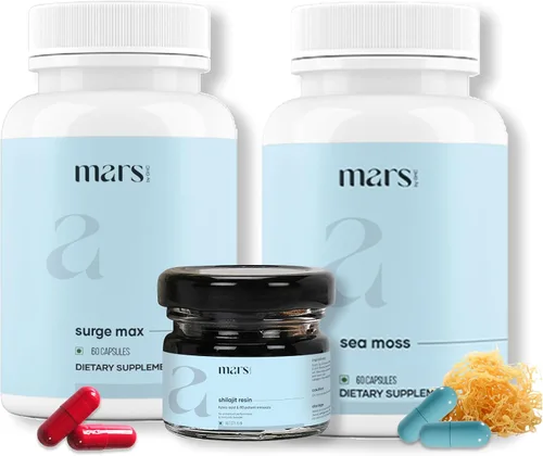 Vista 3 de mars by GHC Performance Plus Combo: Tapas Surge Max, Resina Shilajit pura del Himalaya, Shilajit natural con tapas de semillas negras y tapas