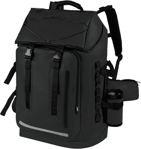 Vista 17 de MORXPLOR Mochila impermeable, mochila de senderismo resistente, cierre superior enrollable de 35L/55L con tapa, bolsa seca flotante acolchada Negro