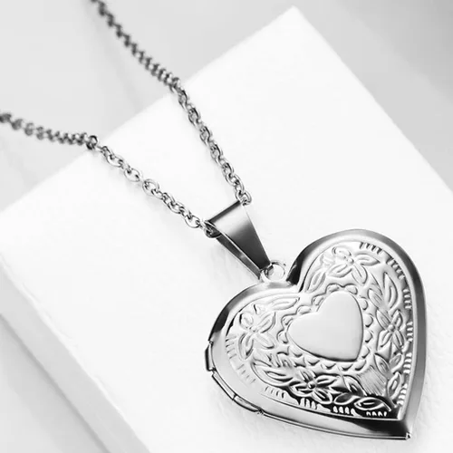 Vista 4 de Jude Jewelers Collar con colgante de acero inoxidable con forma de corazón y patrón floral estilo medallón para fiesta de cóctel, Metal, Circonia