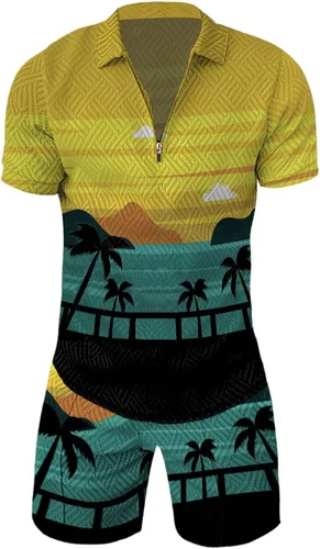 Vista 3 de Conjunto deportivo de 2 piezas para hombre, camiseta polo y pantalón corto, con cremallera de un cuarto, casual, elegante, grande y alto