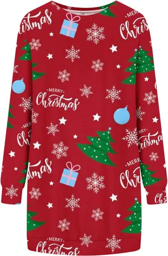 Vista 4 de Vestido con capucha para mujer de Navidad, manga larga, holgado con capucha Vestido lindo con estampado navideño