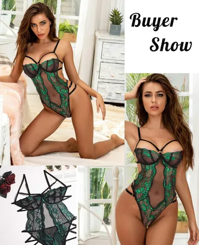 Vista 6 de Avidlove Lencería de peluche para mujer body de encaje con tirantes en V profundo babydoll de una pieza