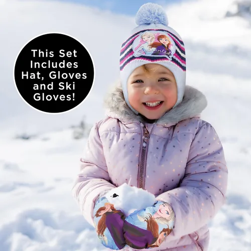 Vista 2 de Disney girls Winter Hat With Knit Mittens Set and Insulated Ski Ages 2-4 Or Frozen Knit Gloves and Glove Set Age 4-7